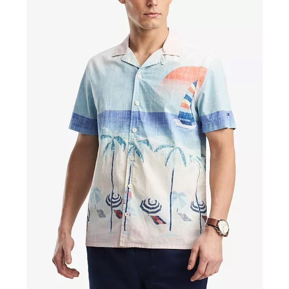 Tommy Hilfiger Mens Sailboat Palm Trees Beach-Print Shirt Size Large Blue SP EXC